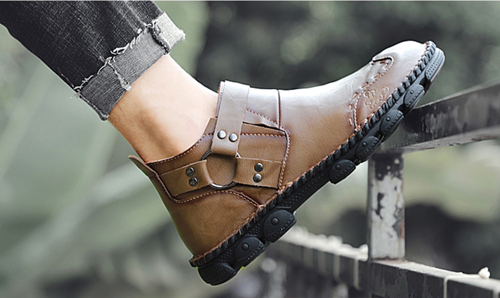 AILADUN Men's Unique Ring Decor Shoes Slip-on Heavy-bottomed Non-slip Outdoor Footwear- Dark Khaki EU 42
